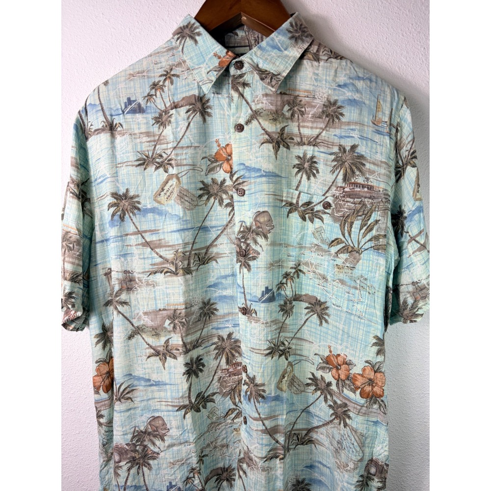 Batik Bay Mens Shirt Blue Large Tropical Palm Tree Rayon Aloha Button Down Beach